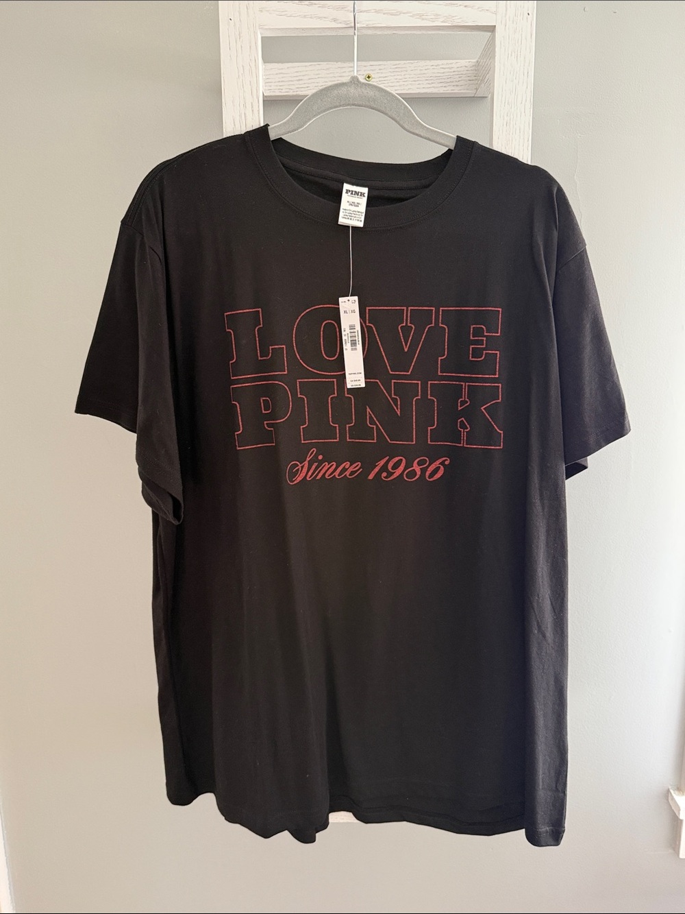 PINK Victoria's Secret Black Short-Sleeve Tee with Red Outline 'LOVE PINK'